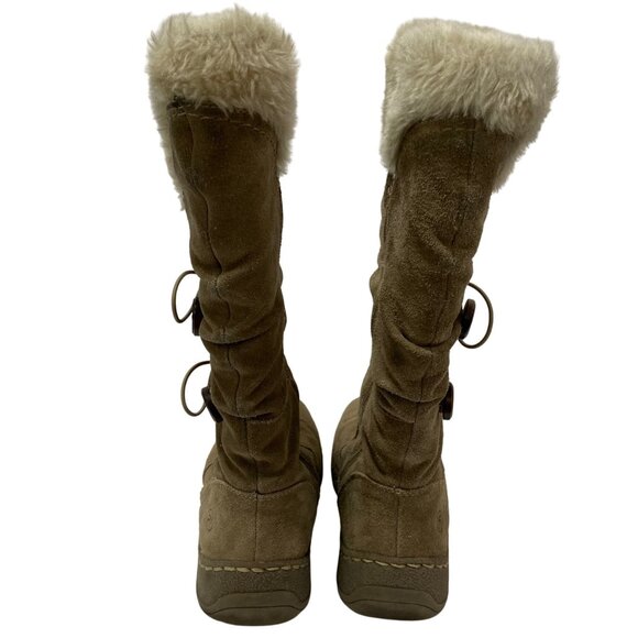 Bear Traps Stay Dry Suede Mid-Calf Tan Boots With Faux Fur Trim Button Accents - Picture 3 of 11